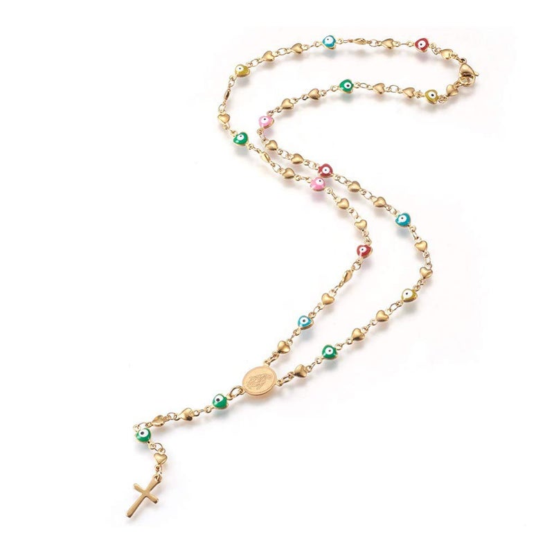 LZD Stainless Steel Rosary Bead Necklace Enamel Evil Eye Virgin Mary Cross 18" P31 (Heart/Evil Eye(18 Inches)) - Image 1